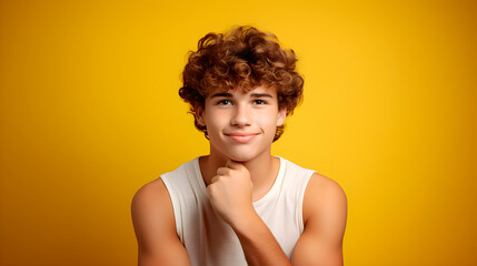 Obraz premium Young boy smiling looking at camera. A curly haired young man dressed in a white t-shirt smiles while looking at the camera touching his chin with his hand. Healthy sporty teenage boy.