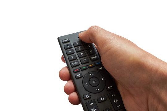 TV remote control in hands isolated,turning on the TV from the remote control, hands holding the remote control on a white background