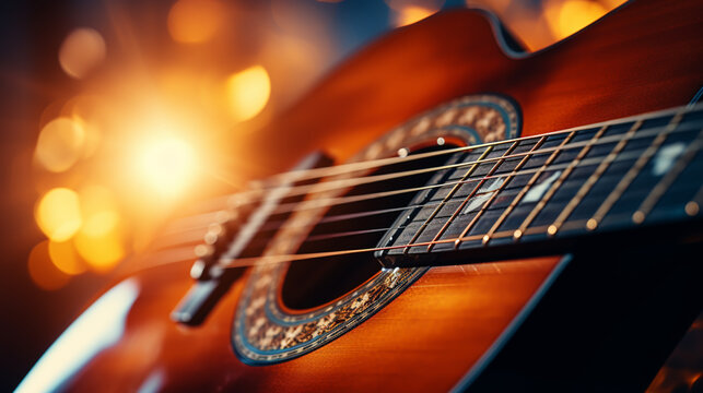 Classical guitar close up, dramatically lit on a black background with copy space