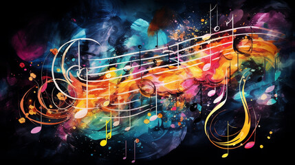 Abstract music background with notes and watercolor texture isolated black background