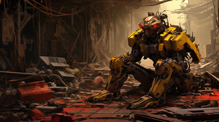 Military robot are walking on a battlefield covered with human bones and destroyed buildings. The...