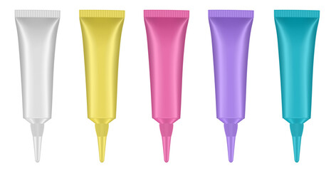 Set of tubes with long nozzle. White, yellow, pink, purple and blue tubes. Cosmetic packaging. Serum or ointment. Gel or cream. Foundation or concealer. 3d