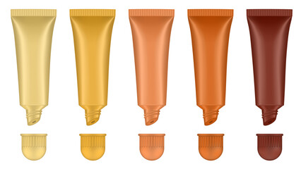 Set of lip gloss tubed. Lip, eye cream, serum. Cosmetic product container mockup. Yellow, gold, beige and brown bottles
