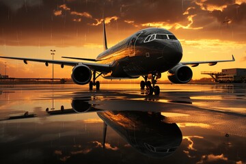 Fototapeta na wymiar black airplane on the runway, with reflections in the water, beautiful sunset
