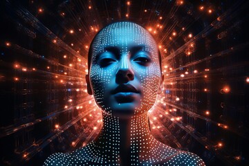 A female face with matrix digital numbers, dots, links, a hologram. The concept of artificial intelligence AI with a human face.