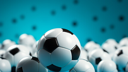 Many identical football balls lying in a huge heap on a blue background. Sport games. Sport equipment and gear. Team games.