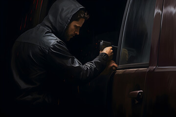 Car Theft, mask stealing car, street thief, Street criminal, gang city, Criminal Abduction - obrazy, fototapety, plakaty