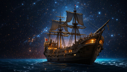 A medieval sailing ship under the starry night sky.