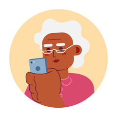 Smartphone woman black granny eyeglasses 2D vector avatar illustration. Phone scrolling grandma african american cartoon character face. Mobile user flat color user profile image isolated on white