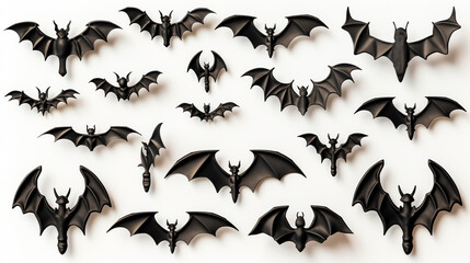Horrific black bats swarm isolated on white Halloween background. Silhouettes of flying bats...