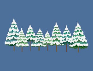 Snow covered pine tree forest. Winter vector illustration.