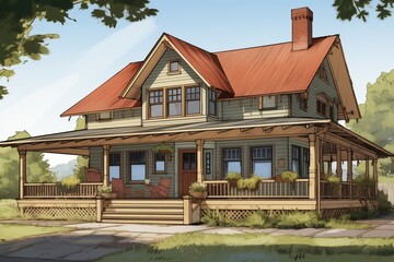 farmhouse with wrap-around porch and gabled entrance, magazine style illustration