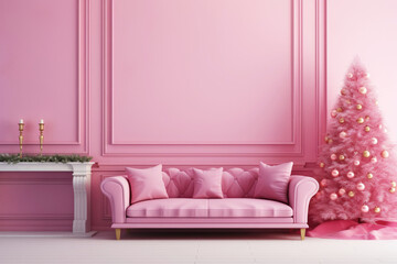 Christmas background with Christmas tree, gifts and sofa in pink colors