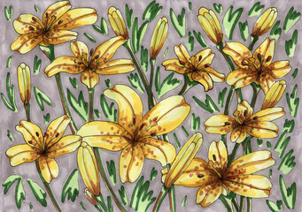 Gray vintage pattern with foliage and yellow lilies on stems.