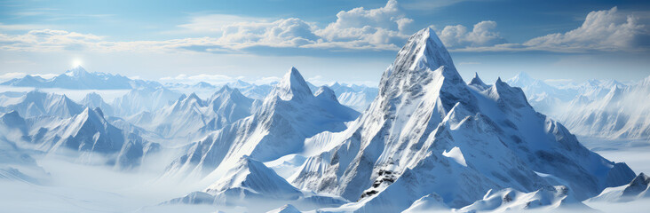 Fototapeta na wymiar Frozen Majesty: A Cinematic Wide View of Winter Mountains Poster, Capturing the Silent Whisper of Snow-Capped Peaks, Crafted by Generative AI