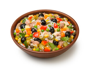 
Italian rice salad with tuna in a brown ceramic salad bowl isolated on a white background.
- 679369450