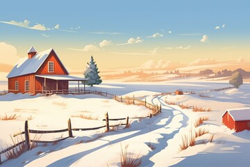 farmland scenario, farmhouse and barn in snowy landscape, magazine style illustration