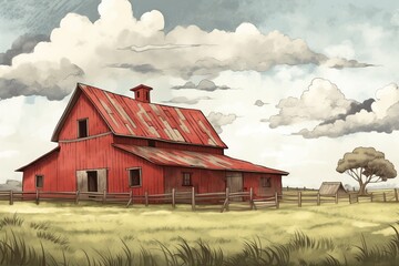 Obraz premium rustic farmhouse with red barn extension under cloudy skies, magazine style illustration