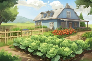 vegetables garden in front of farmhouse and barn, magazine style illustration - obrazy, fototapety, plakaty