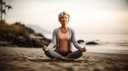 Fototapeta premium Middle aged woman practice yoga isolated in a beach 