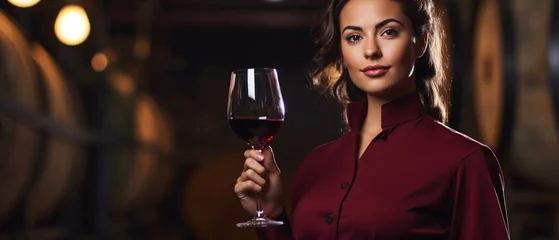 Fotobehang Close up of a young woman sommelier holds a glass of red wine in a cellar, a wine expert in a white shirt and apron, the waiter offers wine.Sommelier tasting wine Concept. Generative ai © Mickael