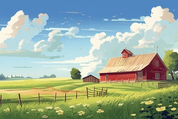 Obraz na płótnie Canvas distant view of farmhouse and barn during a clear, sunny day, magazine style illustration