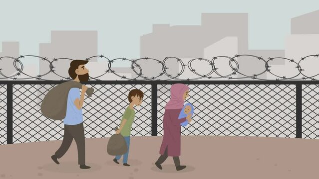 a migrant refugee family with their children and belongings walking through the city behind the fence. Vector flat animation mp4, 4K quality