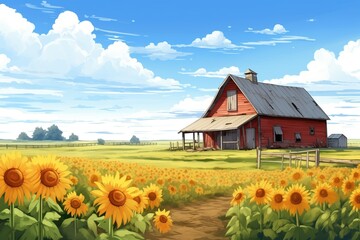 farmhouse with barn-style annex and surrounding sunflower field, magazine style illustration