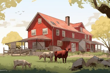 rustic farmhouse with red barn-inspired extensions and grazing cattle, magazine style illustration