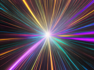 Fototapeta premium Abstract hyperspace background. Speed of light, neon glowing rays moving through stars to a vanishing point. Neon dark wallpaper for digital art 