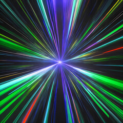 Speed of light hyperspace background. neon glowing rays moving through stars to a vanishing point. Neon dark wallpaper for digital art	