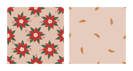 Seamless pattern set with bold red poinsettia and golden leaves. Christmas and New Year concept. Hand drawn vector texture for wallpaper, prints, wrapping, textile