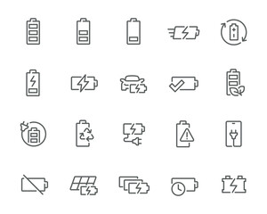 Battery Charging Icon Set: An exclusive collection of 20 battery icons, showcasing charge level, fast charging, eco-friendly options, battery recycling, and more. Ready for use in your project!