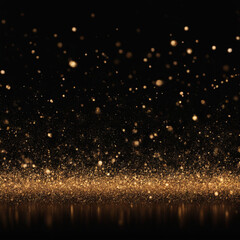 Shiny flow of glitter particles and bokeh golden shiny background on dark backdrop	
