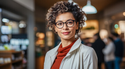 Fototapeta premium Sympathetic Pharmacist:in a Pharmacy, Background Wallpaper Brainstorming Magazine Cover Health Care