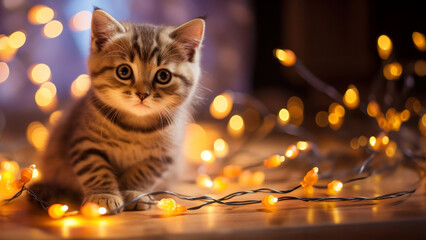 A cute kitten surrounded by the warm glow of garland light - obrazy, fototapety, plakaty
