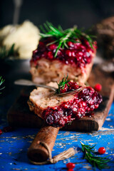 Turkey cranberry sauce meat loaf on the Christmas background .style rustic.
