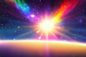 Leuchtende regenbogenfarben bunte Spuren, Kreise und Spiralen, wie eine kosmische Wellen, ein Leuchten, Strahlen in fernen Galaxien. Hintergrund und Vorlage für Wissenschaft und Technik