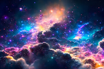 Dichte Wolken aus bunten kräftig leuchtenden Galaxien aus Sternen und Planeten in einem dunklen unendlich weiten Universum. Hintergrund und Vorlage für Technik, Astronomie, Wissenschaft und Forschung - obrazy, fototapety, plakaty