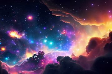 Obraz na płótnie Canvas Dichte Wolken aus bunten kräftig leuchtenden Galaxien aus Sternen und Planeten in einem dunklen unendlich weiten Universum. Hintergrund und Vorlage für Technik, Astronomie, Wissenschaft und Forschung