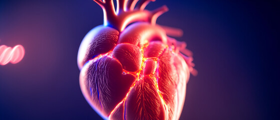 Banner mit der 3dimensionalen Darstellung eines menschlich medizinischen Herz mit Aterien und Venen, Herzkammern und Herzklappen innen, zur pulsierenden Durchblutung Wissenschaft Forschung  Pharmazie - obrazy, fototapety, plakaty
