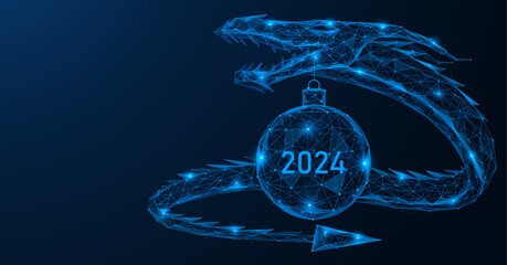 Serpentine dragon holds a glass ball with the number 2024 in its mouth. Polygonal design of interconnected lines and points. Blue background.