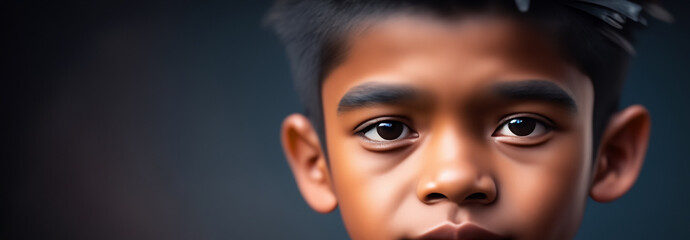 Heranwachsender Anblick dunkelhäutig braune Augen eines Jungen Kind Gesicht schaut in Klarheit, Close Up der Augen und Schönheit mit viel Ausdruck, Kindheit, gestalten, anschauen, Blick - obrazy, fototapety, plakaty