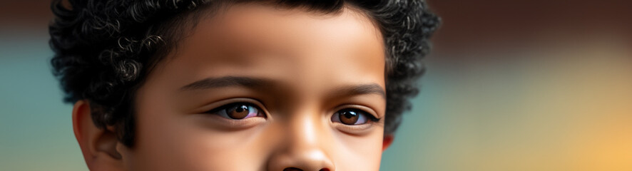 Heranwachsender Anblick dunkelhäutig braune Augen eines Jungen Kind Gesicht schaut in Klarheit, Close Up der Augen und Schönheit mit viel Ausdruck, Kindheit, gestalten, anschauen, Blick - obrazy, fototapety, plakaty