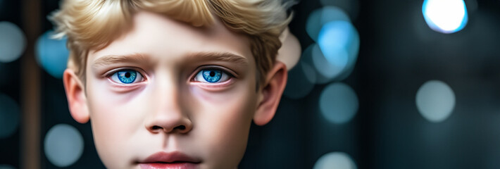 Heranwachsender Anblick blaue klare Augen eines Jungen Kind Gesicht schaut in  Klarheit, Close Up der Augen und Schönheit mit viel Ausdruck, Kindheit, gestalten, anschauen, leitbild, Blick  - obrazy, fototapety, plakaty