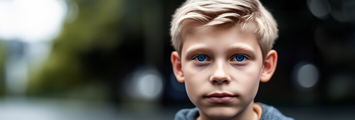 Heranwachsender Anblick blaue klare Augen eines Jungen Kind Gesicht schaut in  Klarheit, Close Up der Augen und Schönheit mit viel Ausdruck, Kindheit, gestalten, anschauen, leitbild, Blick  - obrazy, fototapety, plakaty