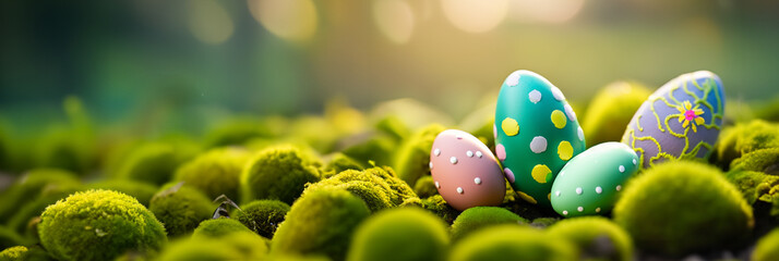 bunte farbige Eier Ostern Ostereier weich gebettet in Moos und grünem Gras als Vorlage und Hintergründe und Banner vor einem unscharfen Hintergrund aus Garten in goldener Stunde