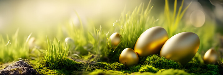 Goldene Eier Ostern Ostereier weich gebettet in Moos und grünem Gras als Vorlage und Hintergründe und Banner vor einem unscharfen Hintergrund aus Garten in goldener Stunde - obrazy, fototapety, plakaty