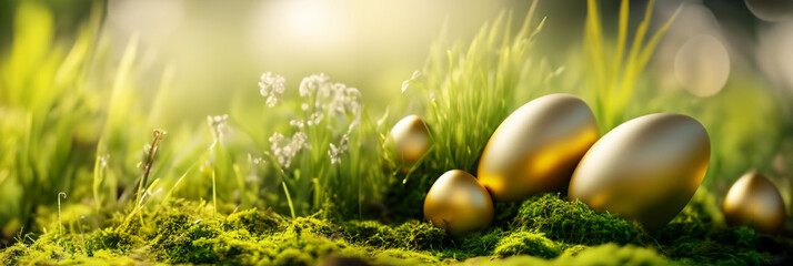 Goldene Eier Ostern Ostereier weich gebettet in Moos und grünem Gras als Vorlage und Hintergründe und Banner vor einem unscharfen Hintergrund aus Garten in goldener Stunde - obrazy, fototapety, plakaty