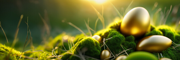 Goldene Eier Ostern Ostereier weich gebettet in Moos und grünem Gras als Vorlage und Hintergründe und Banner vor einem unscharfen Hintergrund aus Garten in goldener Stunde